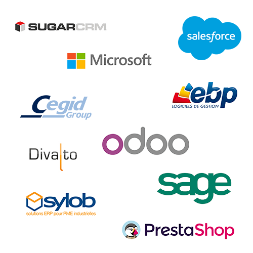 compatibilité avec les logiciels : SAGE MICROSOFT SUGARCRM SALESFORCE EBP ODOO PRESTASHOP DIVALTO CEGID 